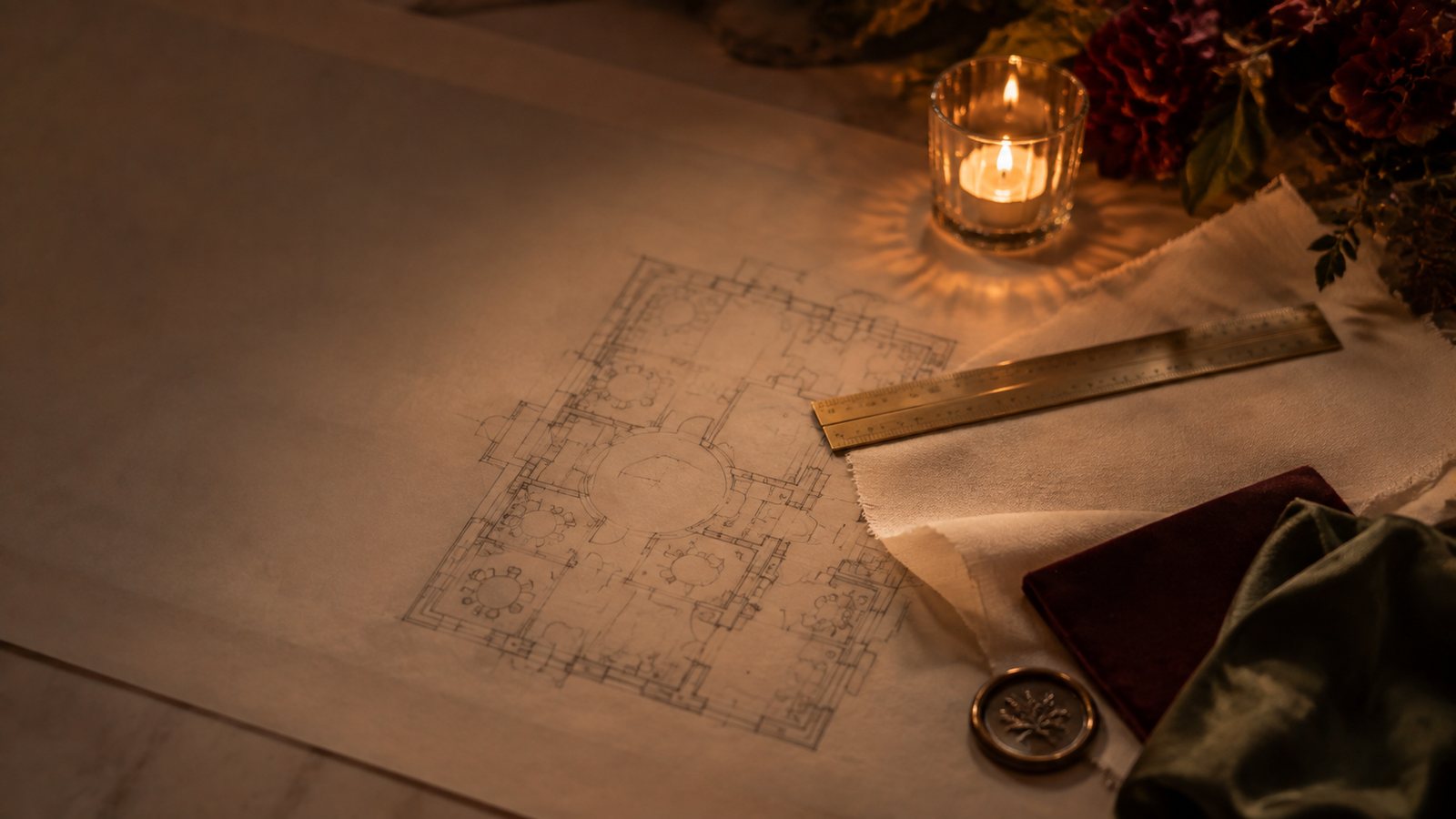 Architectural floor plan on vellum with a brass ruler, wax seal and candle — studio concept imagery.