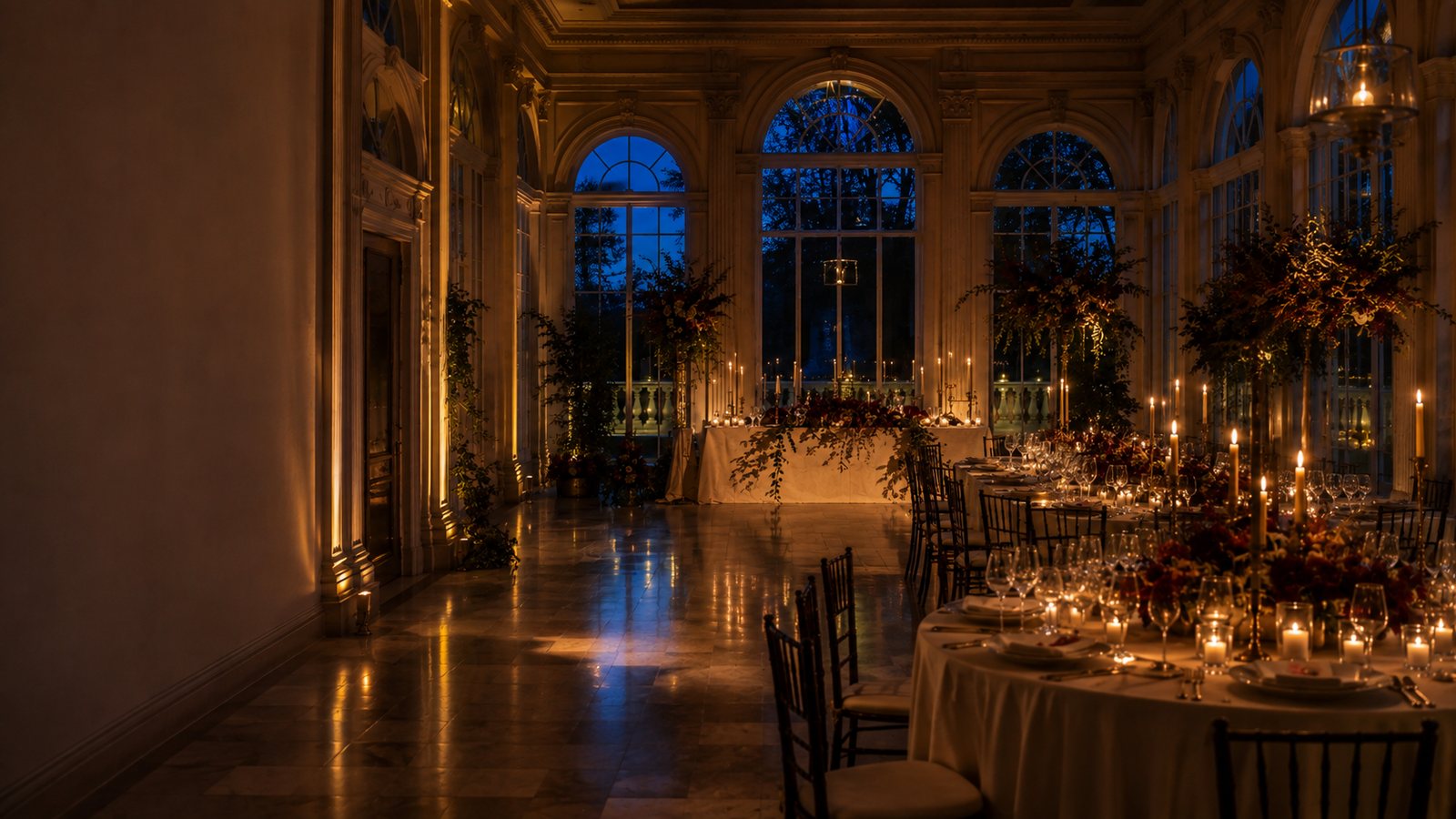Candlelit salon with a long dining table and arched windows at dusk — studio concept rendering.